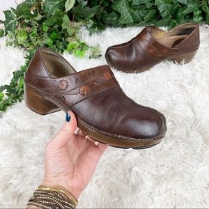 Dansko Brown Leather Floral Tooled Clogs Pro 37